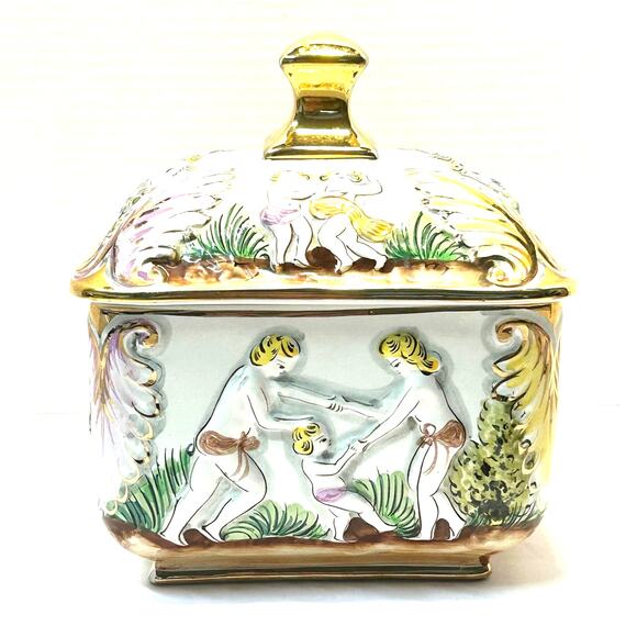 Vintage Handpainted Ceramic Alcobaca Portugal Lidded Dish Cherubs - Picture 1 of 15